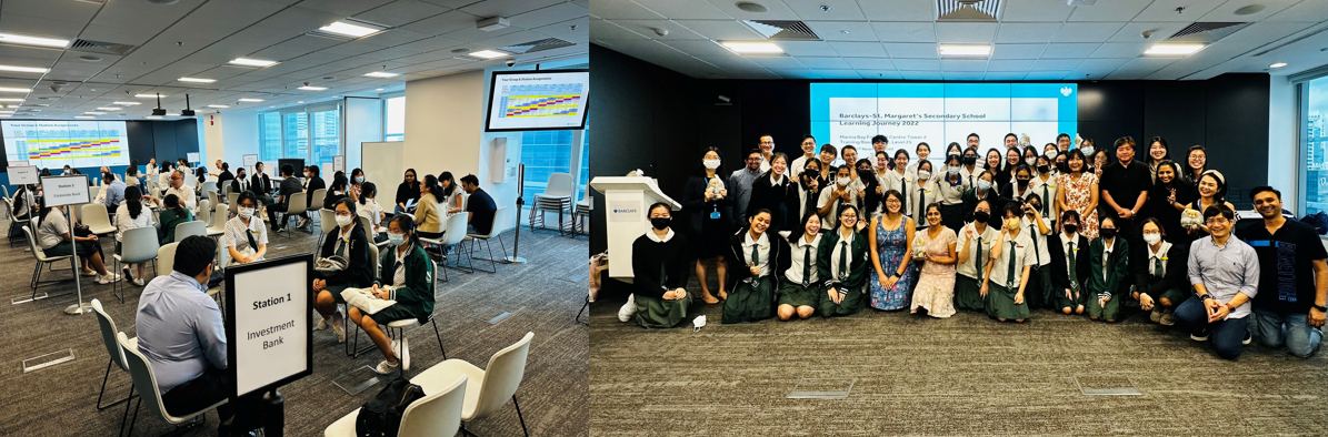 Students in school uniforms attend a Barclays learning event, with a group photo posed in front of a presentation screen.