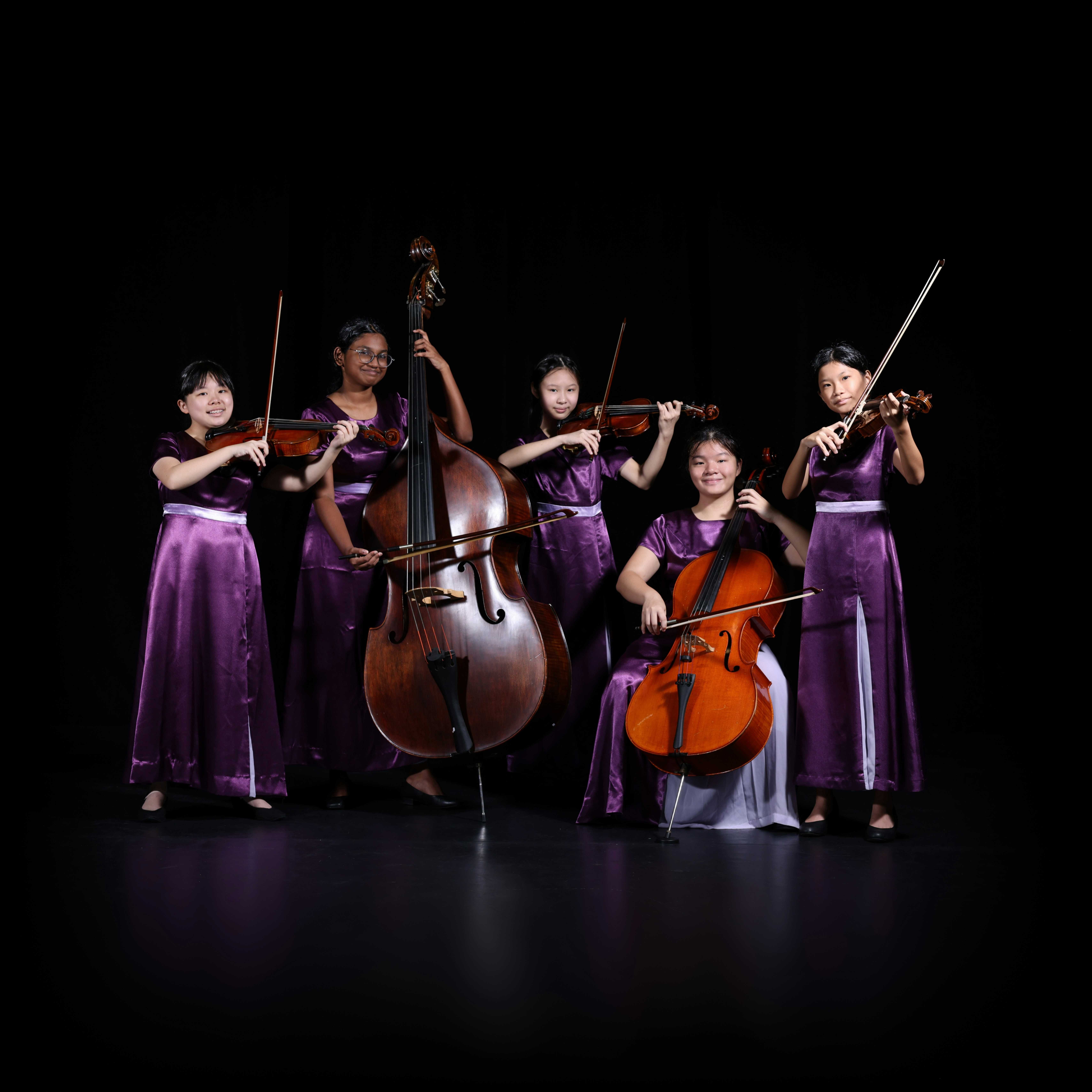 Five young girls in purple dresses pose with string instruments including violins, a cello, and a double bass.