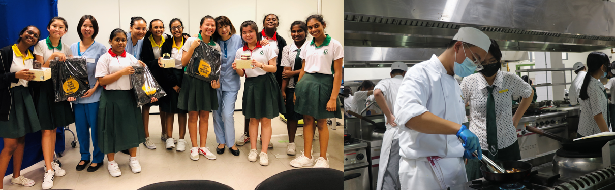 Students pose holding bags and boxes on the left; on the right, a masked student in chef whites cooks in a kitchen.