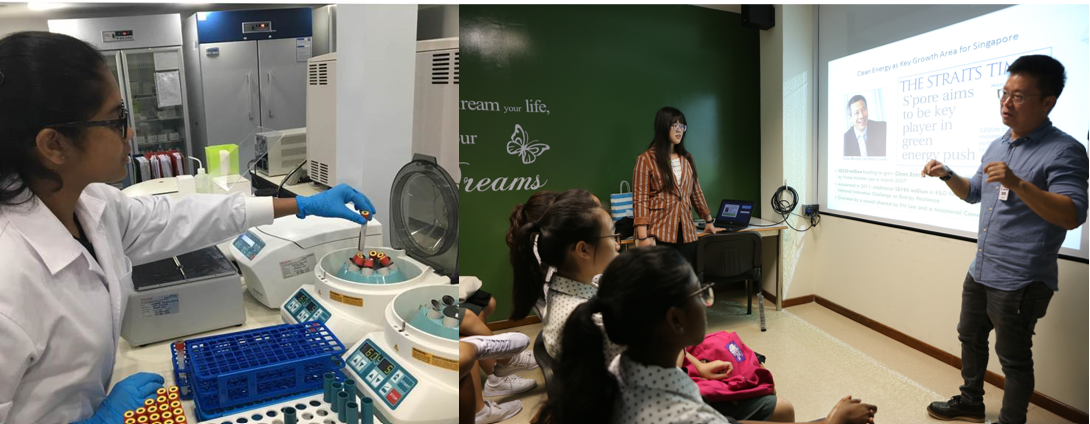 A lab worker uses centrifuges while a man and woman present a clean energy slideshow to children in a classroom.