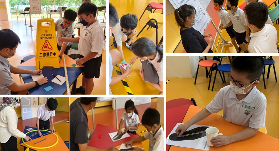 Students wearing masks participate in various hands-on activities in a colorful classroom setting.