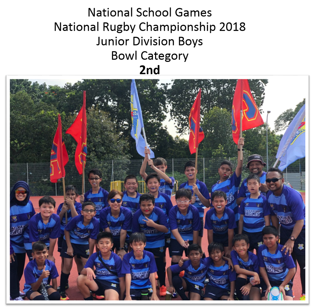 A youth rugby team in blue uniforms poses with red and blue flags at the 2018 National School Games, placing 2nd.