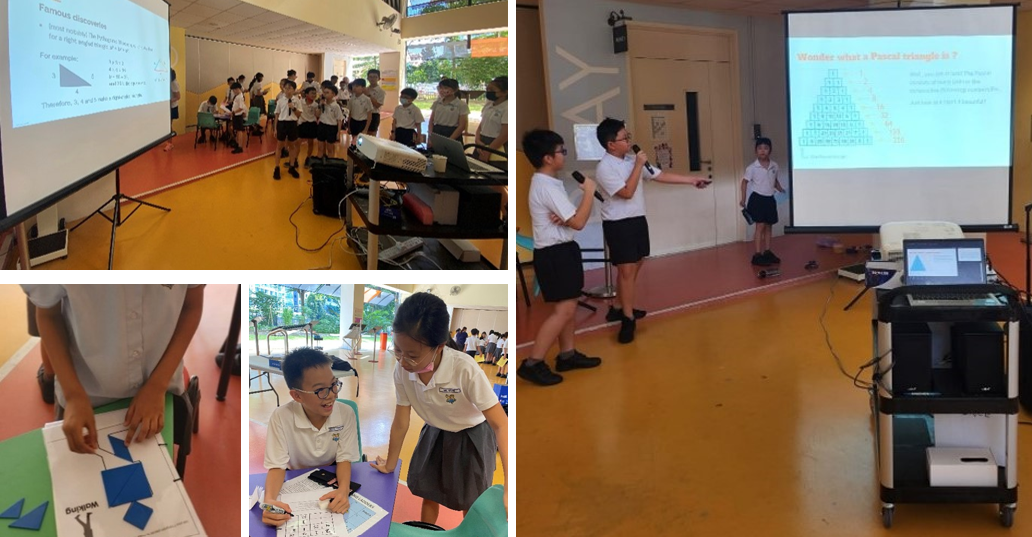 Students in uniforms present math topics using projected slides while others work on hands-on activities with shapes and worksheets.