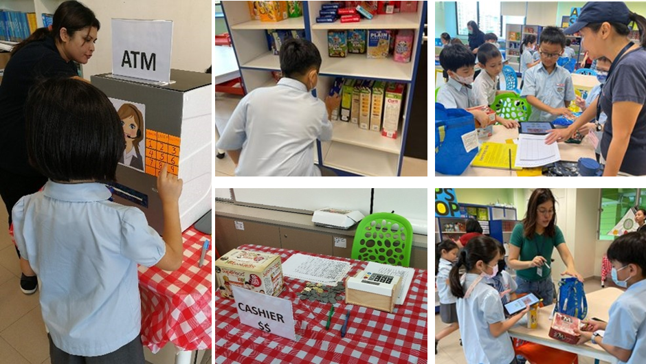 Children participate in a classroom market activity with an ATM model, cashier station, and store shelves.