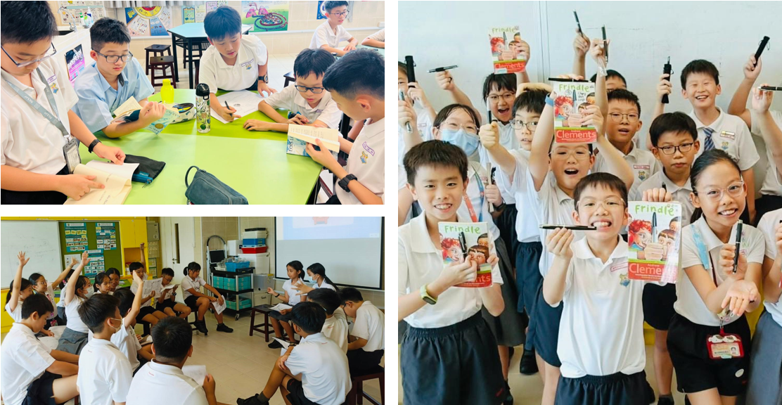 Students in school uniforms hold up books and pens while smiling, with other scenes showing group reading activities.