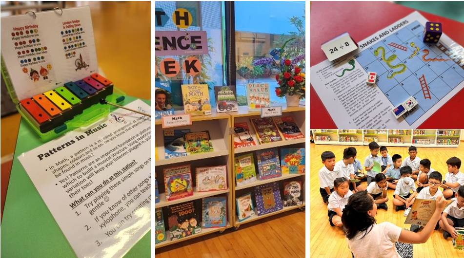 Collage of a xylophone with music lesson sheet, a bookshelf display, a Snakes and Ladders board, and children in a reading circle.
