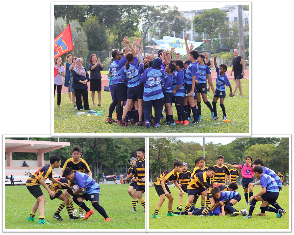 Three photos of a youth rugby match showing kids in blue and yellow jerseys playing, tackling, and celebrating together.