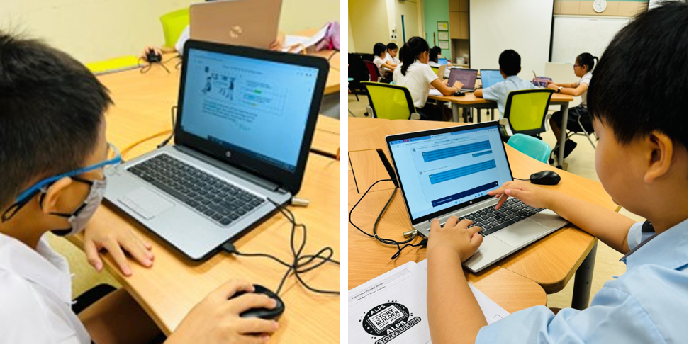 Two young students in school uniforms work on HP laptops in a classroom setting.