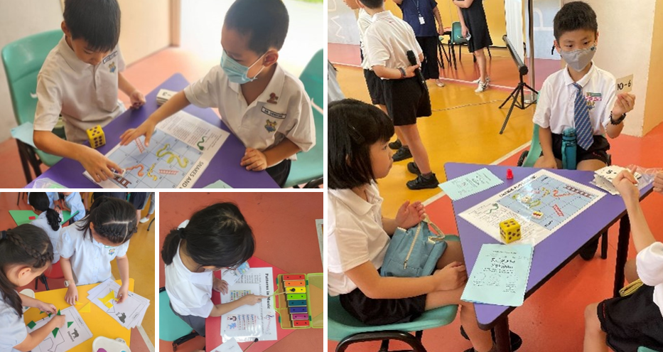 Young students in uniforms engage in math board games and activities using dice, cards, and worksheets at purple tables.