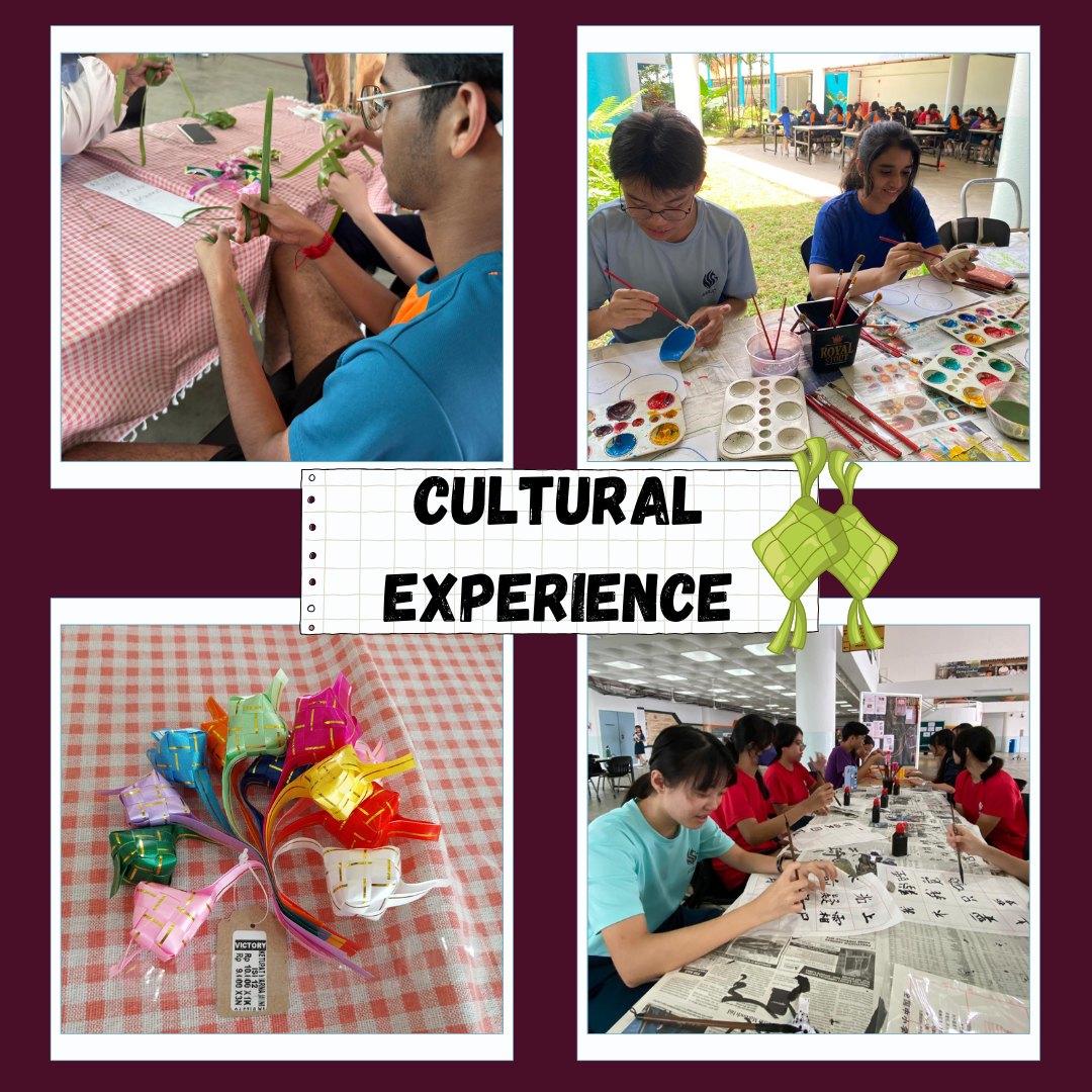 Four photos showing students doing cultural crafts: weaving, painting, calligraphy, and colorful woven decorations on a table.