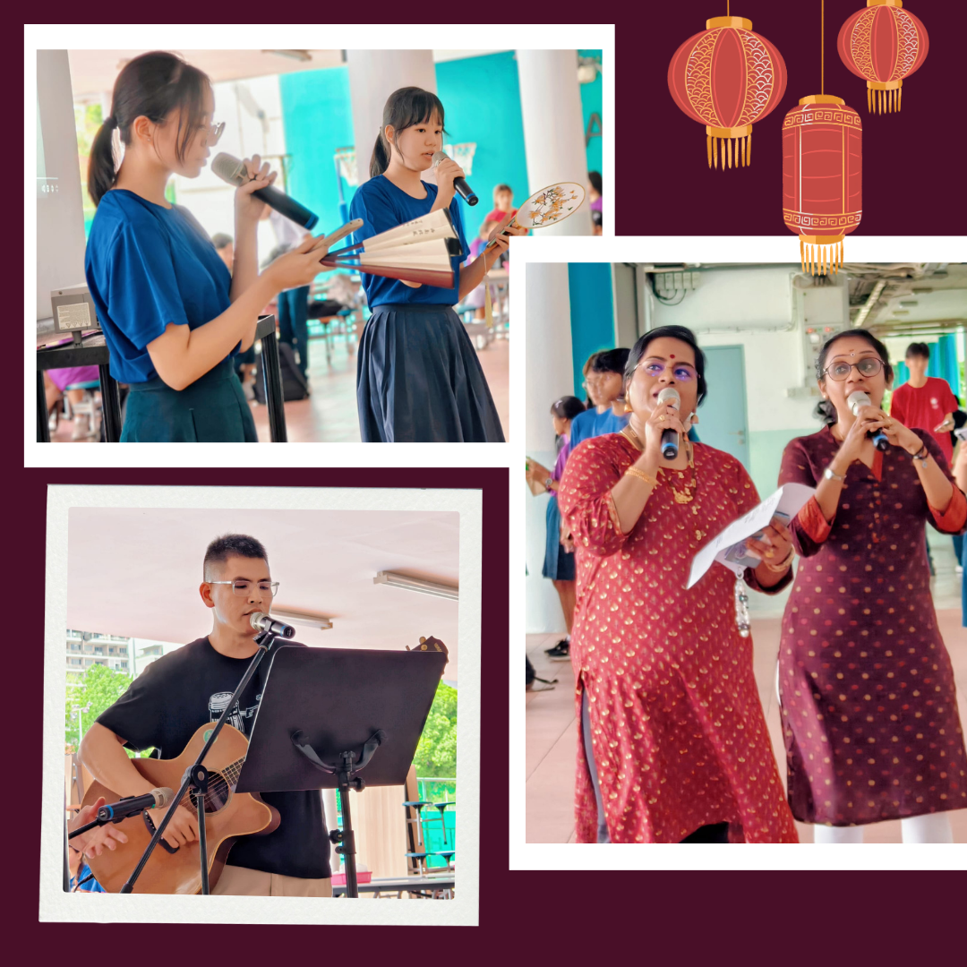 Three photos show performers: two girls singing with fans, a man singing and playing acoustic guitar, and two women singing into microphones.
