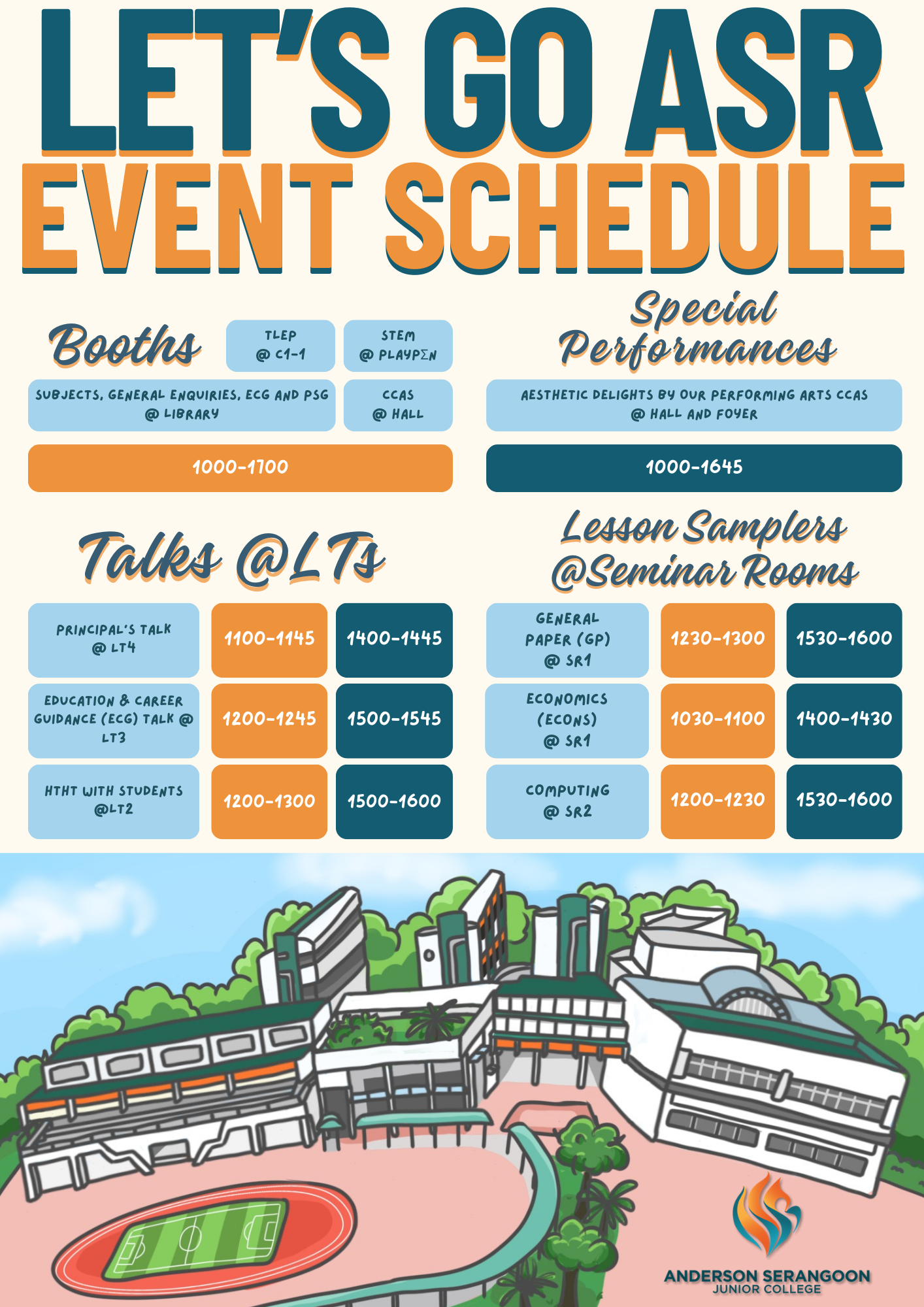 Colorful event schedule poster for Anderson Serangoon Junior College listing booths, talks, performances, and lesson samplers with times.