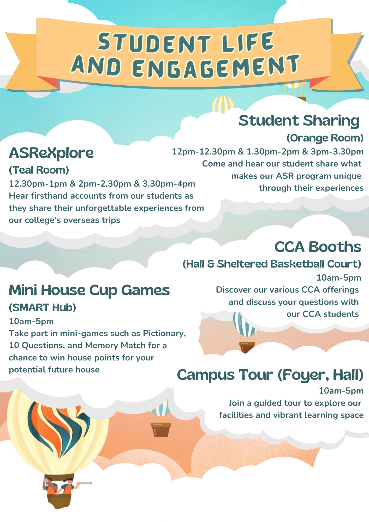 Flyer titled Student Life and Engagement listing campus events like games, tours, and student sharing sessions with hot air balloon art.