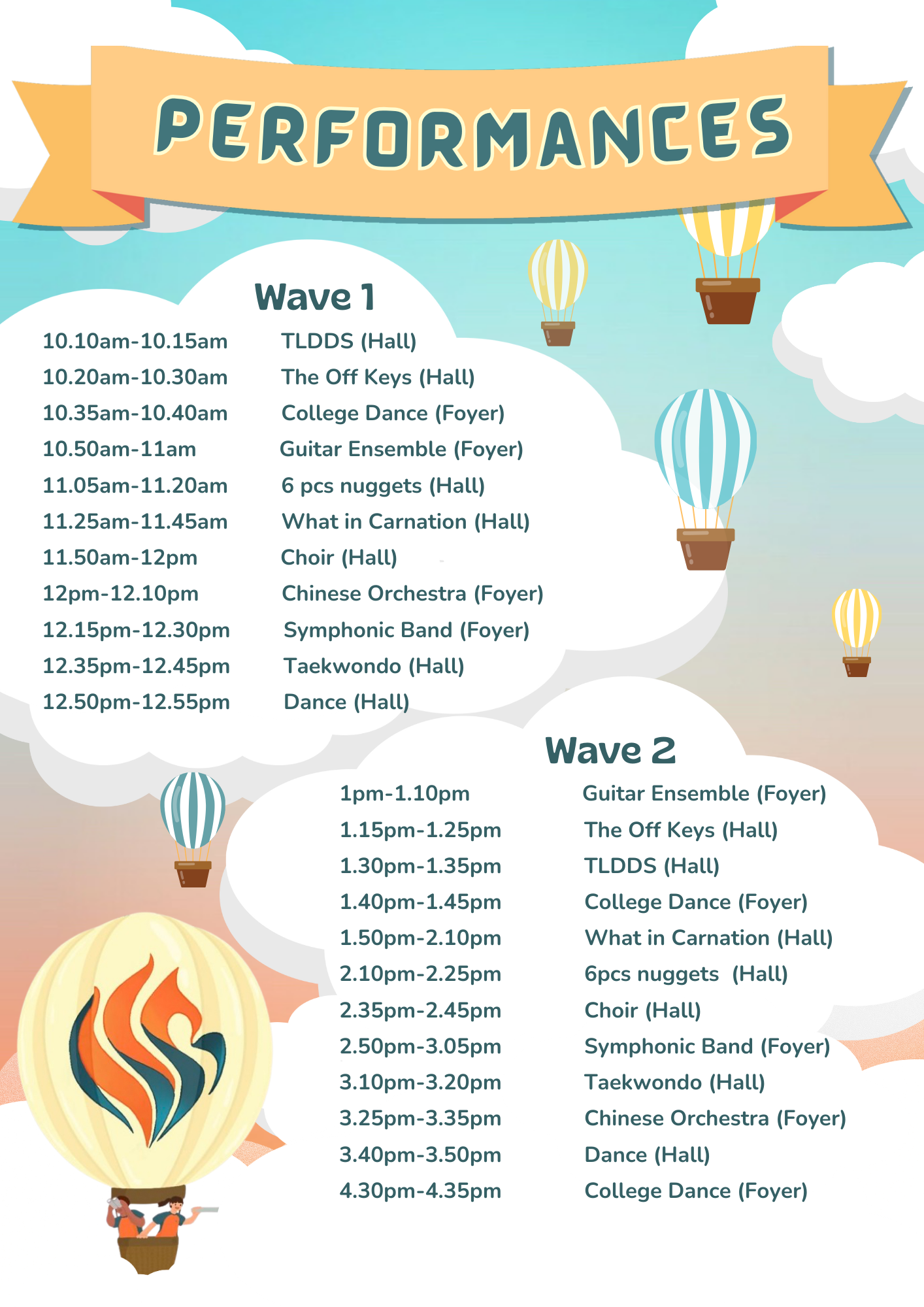 Performances schedule with Wave 1 and Wave 2 timetables, decorated with hot air balloons on a sky background.