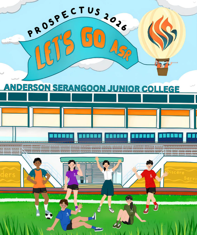 Illustrated 2026 prospectus cover for Anderson Serangoon Junior College with cartoon students on a field.