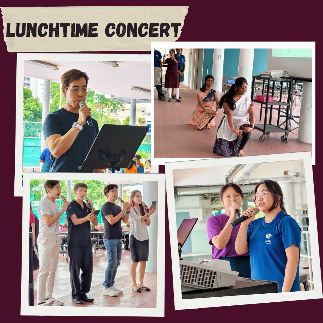 Four photos from a lunchtime concert showing people singing with microphones and 2 female students performing a dance.