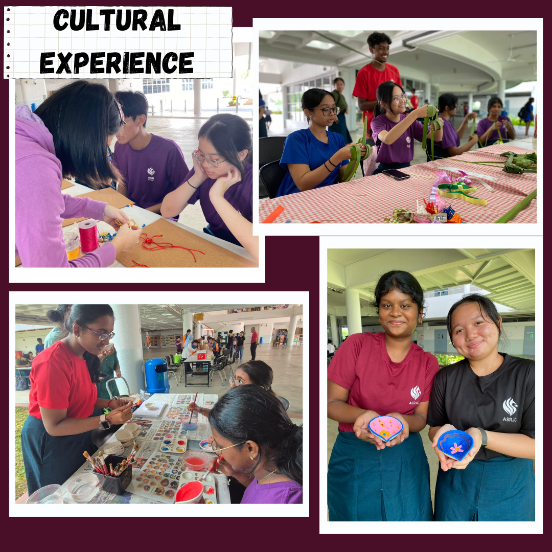 Students participate in cultural activities including bead crafting, leaf weaving, painting, and holding decorated clay bowls.
