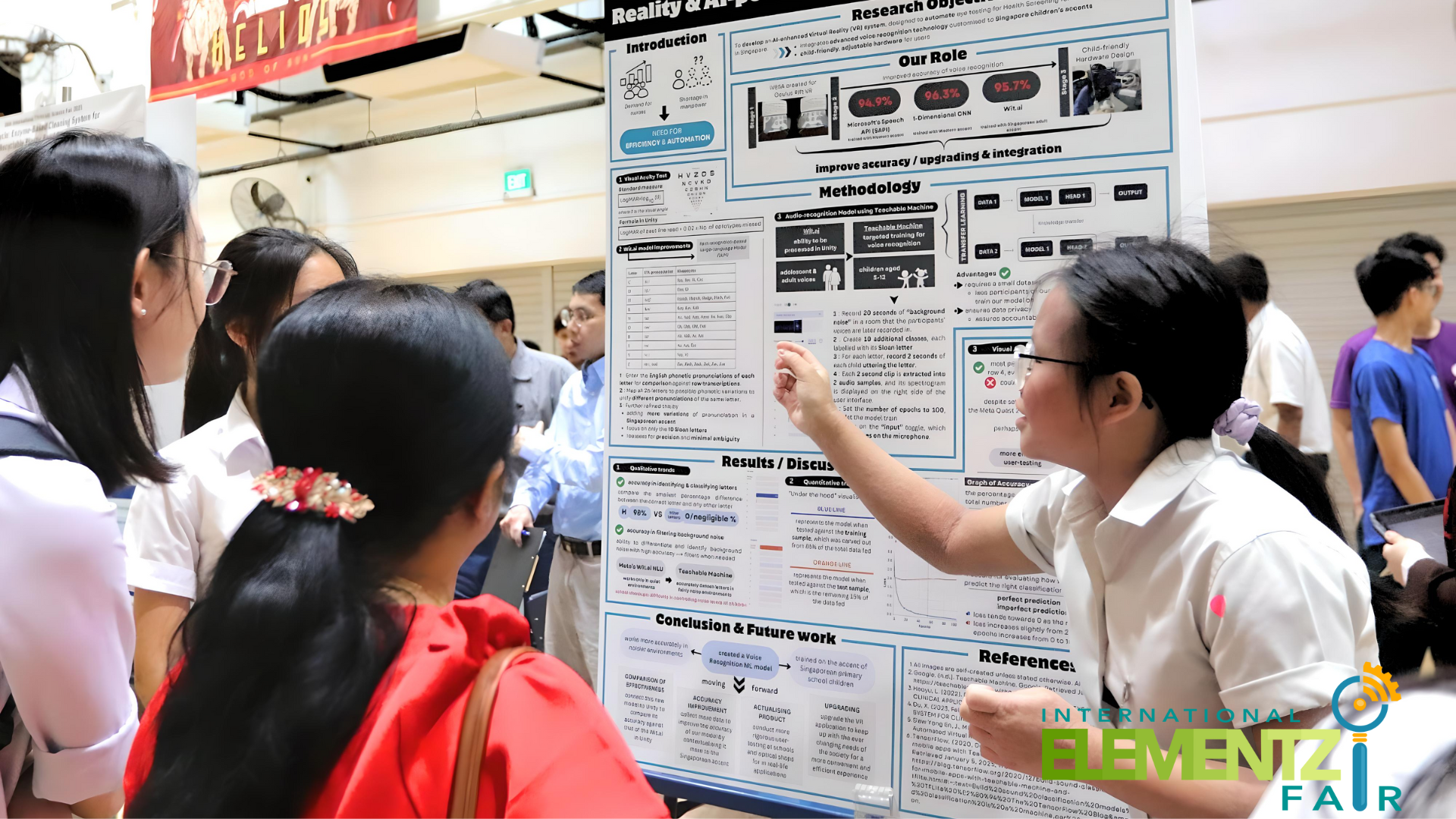 Student presenting a research poster on AI voice recognition at the International Elementz Fair to a small group.