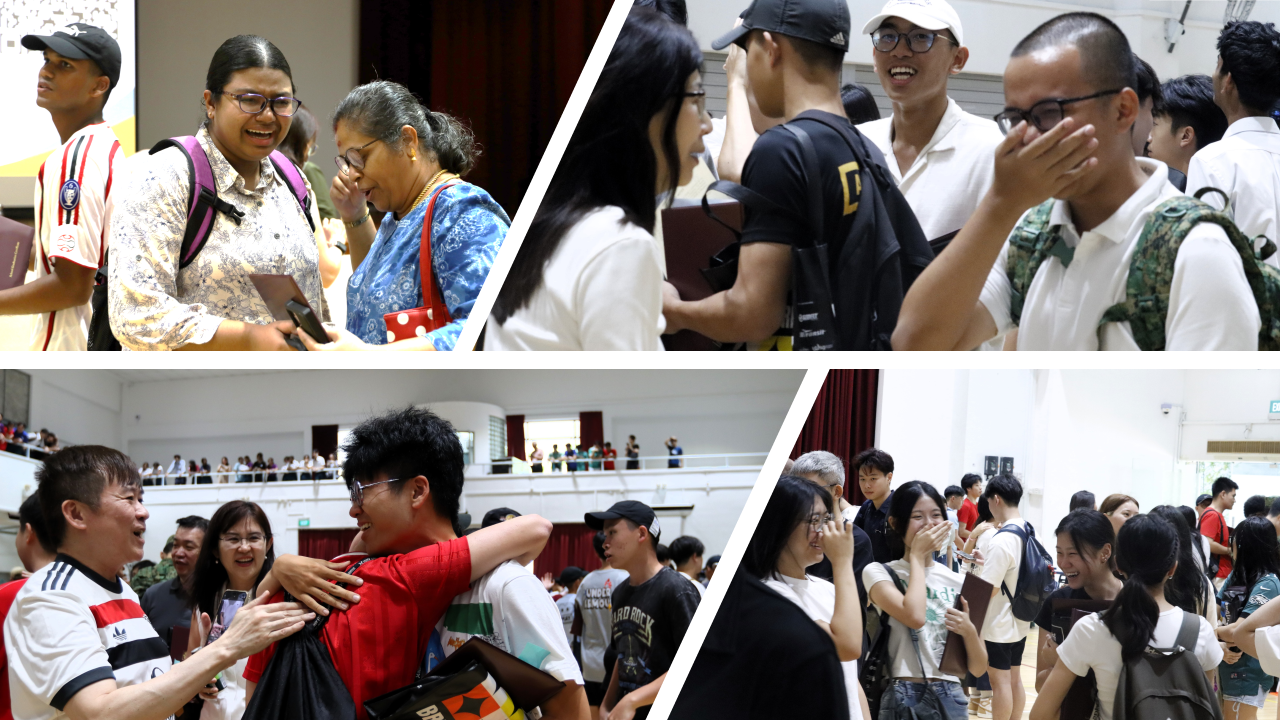 Four-panel collage showing groups of young people smiling, hugging, and celebrating together in a large hall.