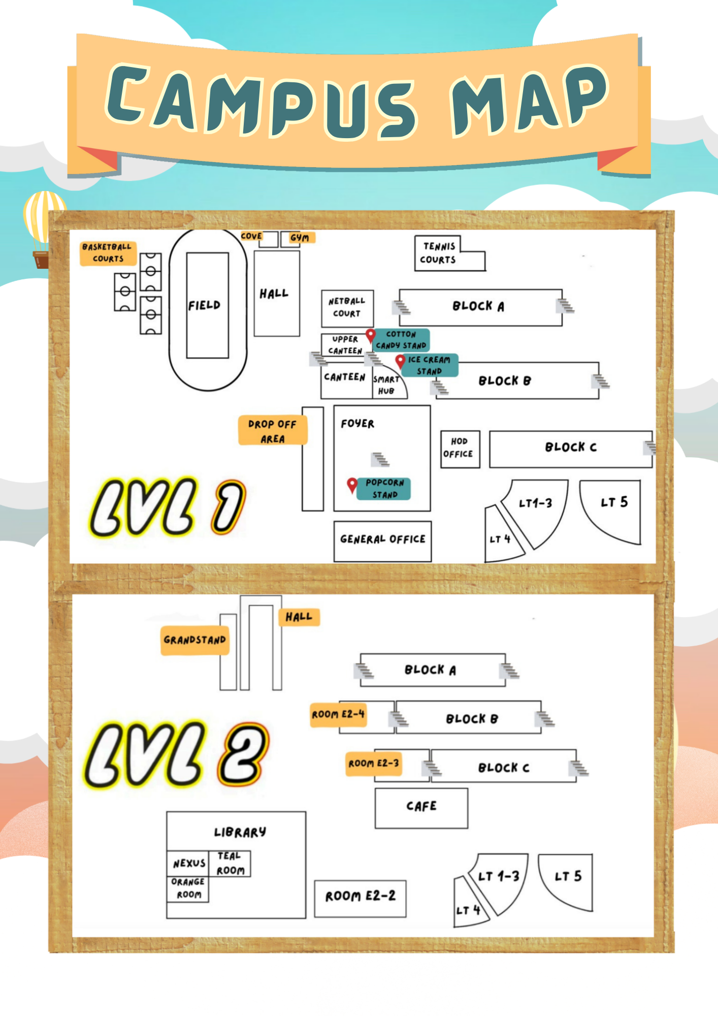 Campus map showing Level 1 and Level 2 layouts with labeled blocks, courts, offices, and food stands.