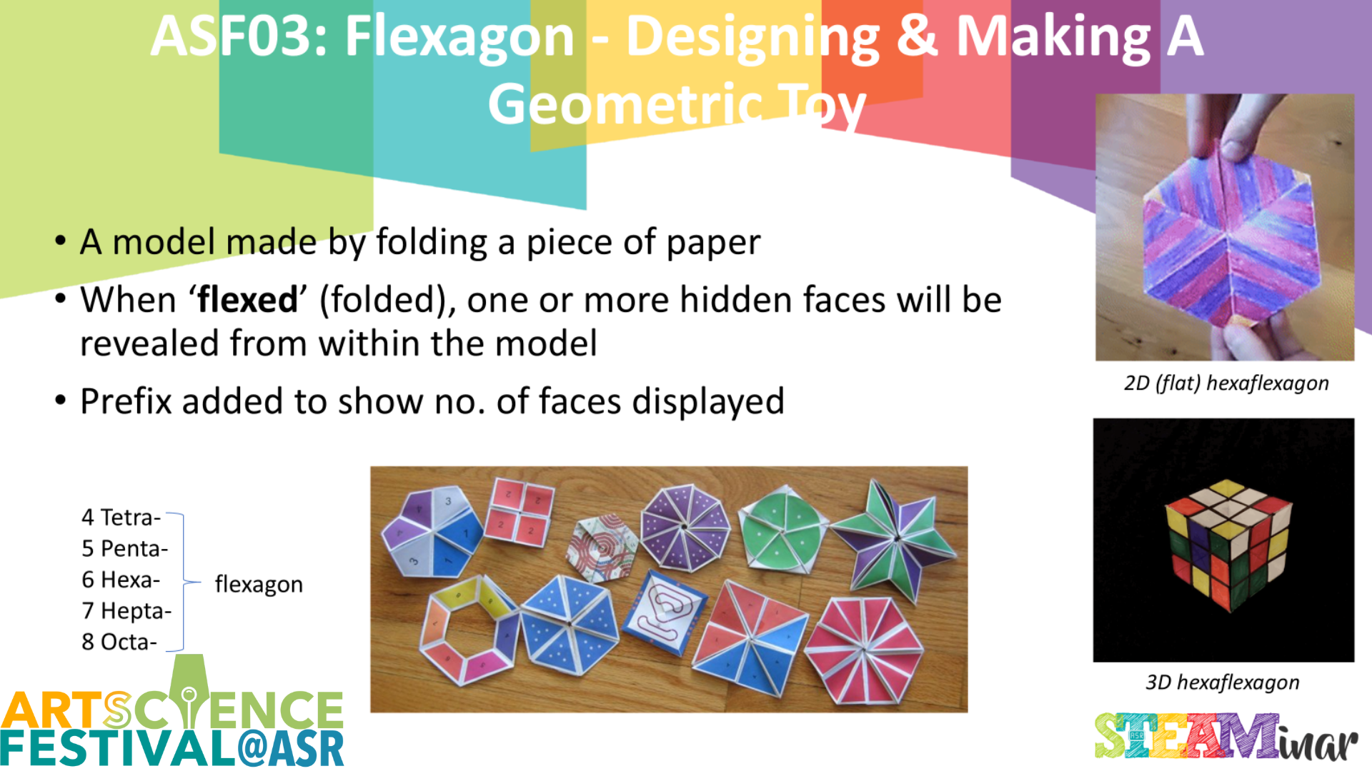 Slide about flexagons showing colorful paper flexagon models, a 2D hexaflexagon, a 3D Rubik's cube, and bullet point text.