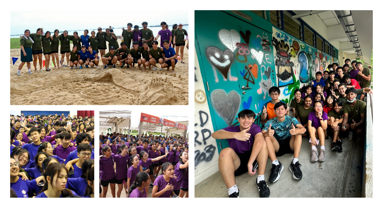 Four group photos of students at outdoor events, including a beach with sand sculptures and a graffiti-covered wall.