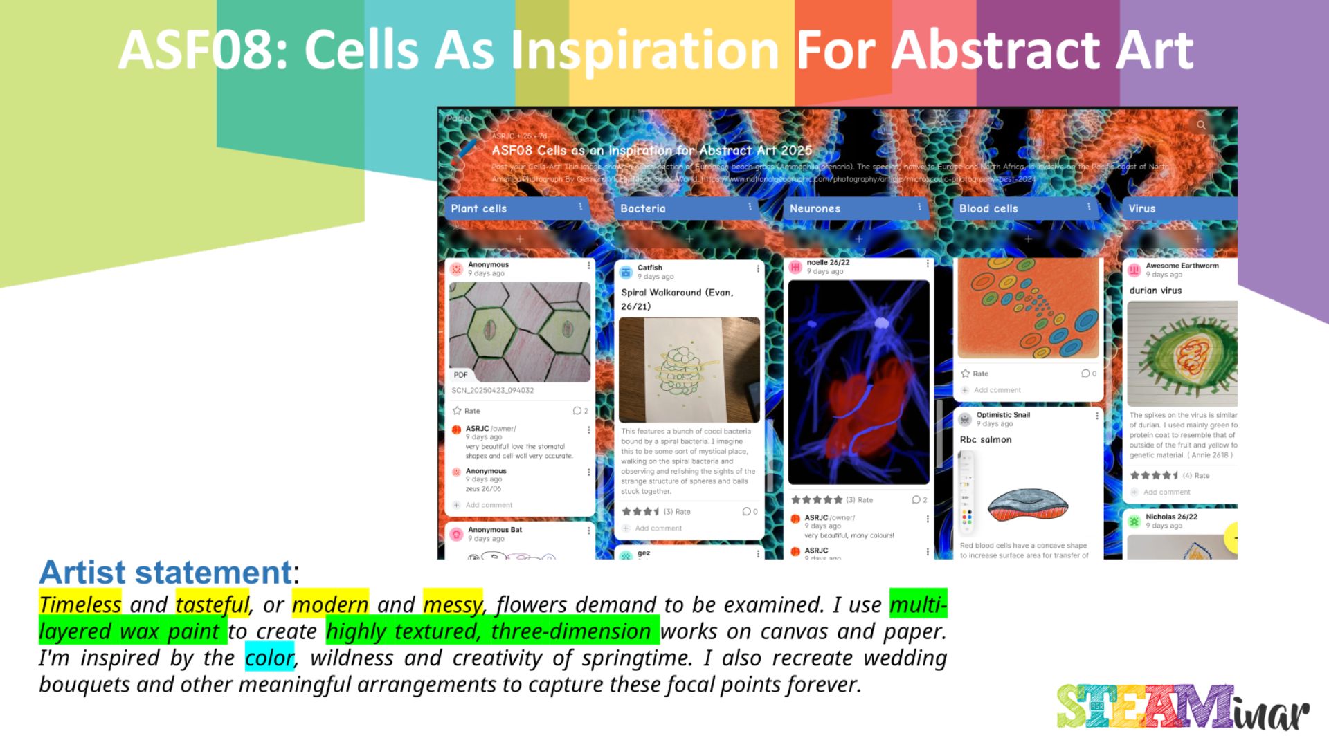 Slide titled ASF08 Cells As Inspiration For Abstract Art showing a Padlet with student cell artwork and an artist statement.