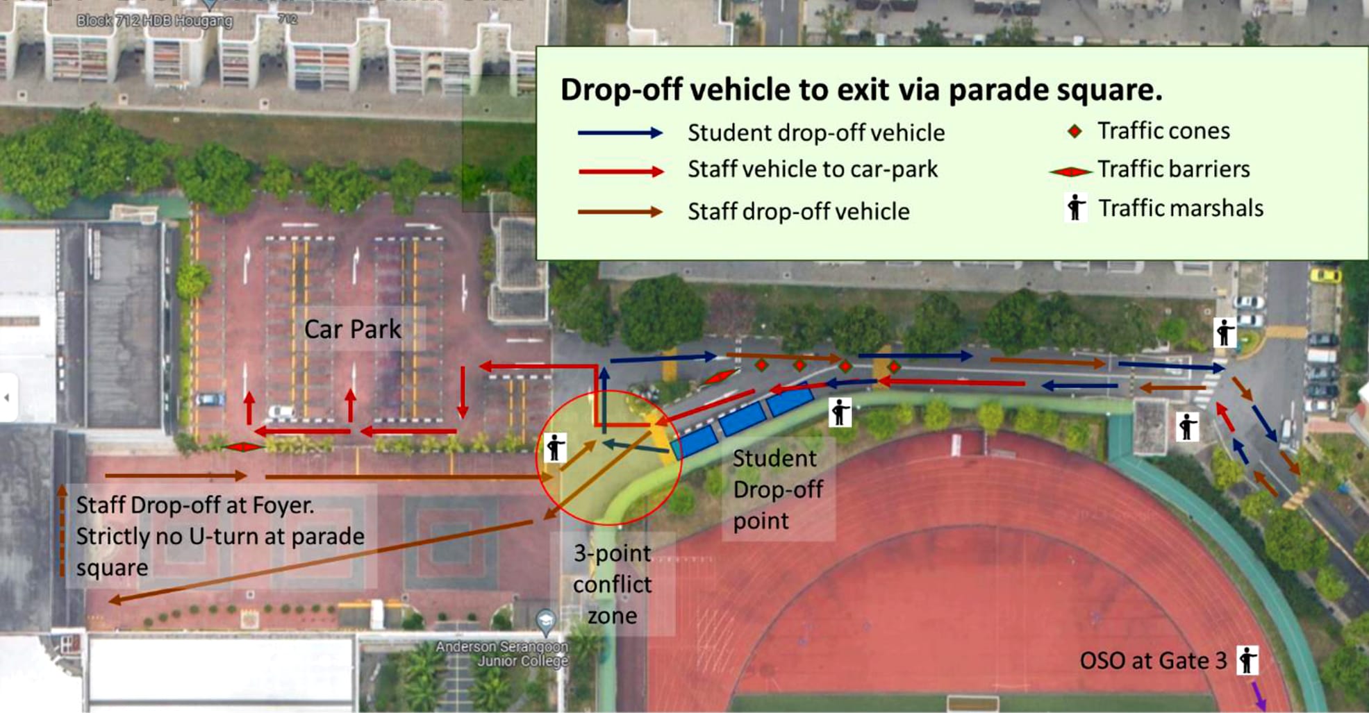 Aerial school map showing vehicle drop-off routes, car park, student drop-off point, and traffic marshal positions.