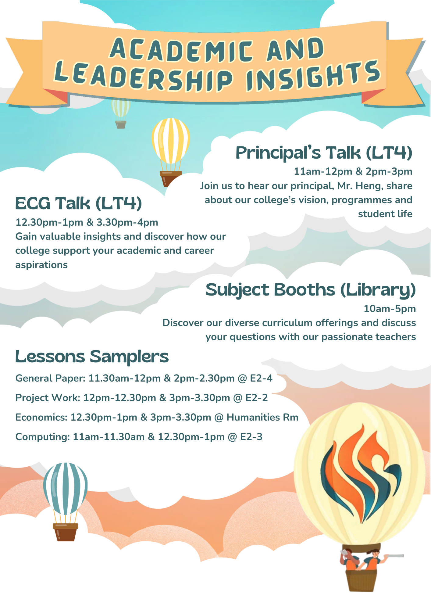 Flyer titled Academic and Leadership Insights listing talks, subject booths, and lesson samplers with times and venues.