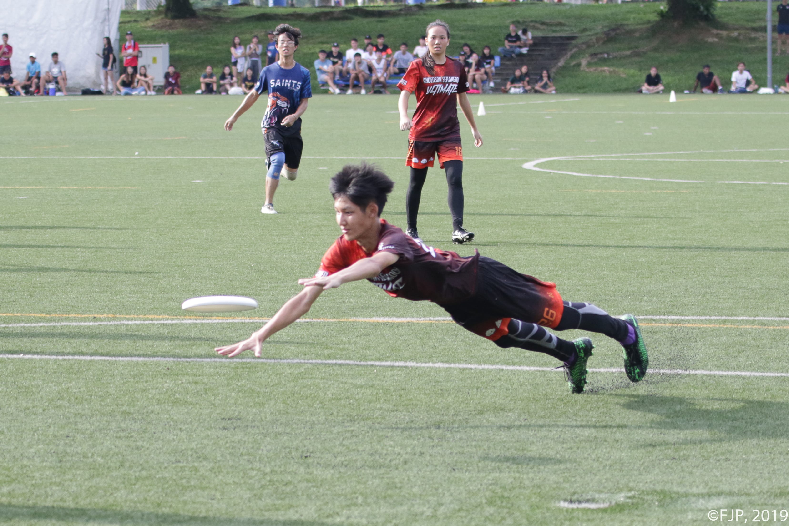 Player in red dives for a flying frisbee on a turf field, with other players and spectators behind.