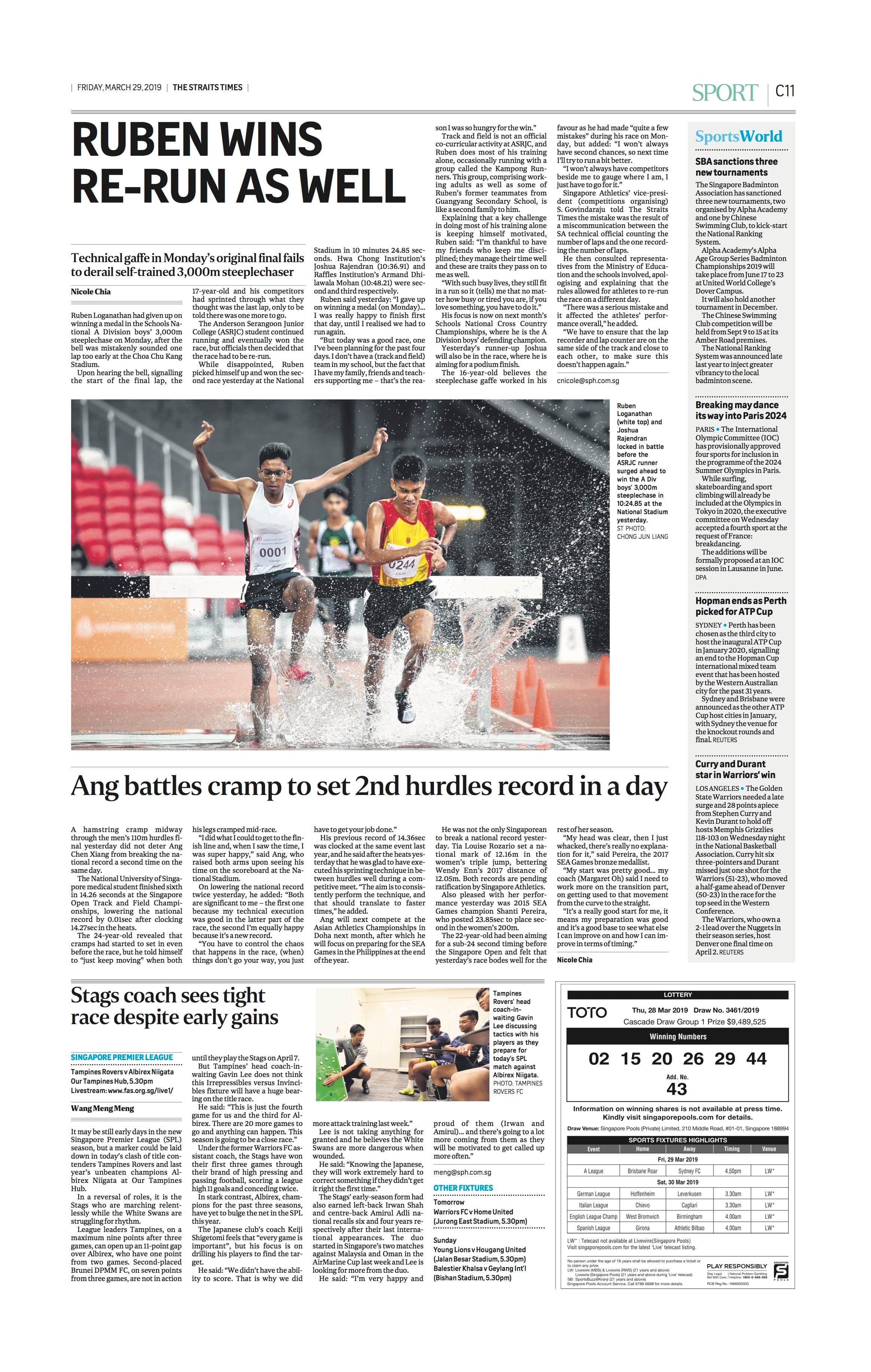 A sports newspaper page from The Straits Times dated March 29, 2019, with headlines about athletics victories.