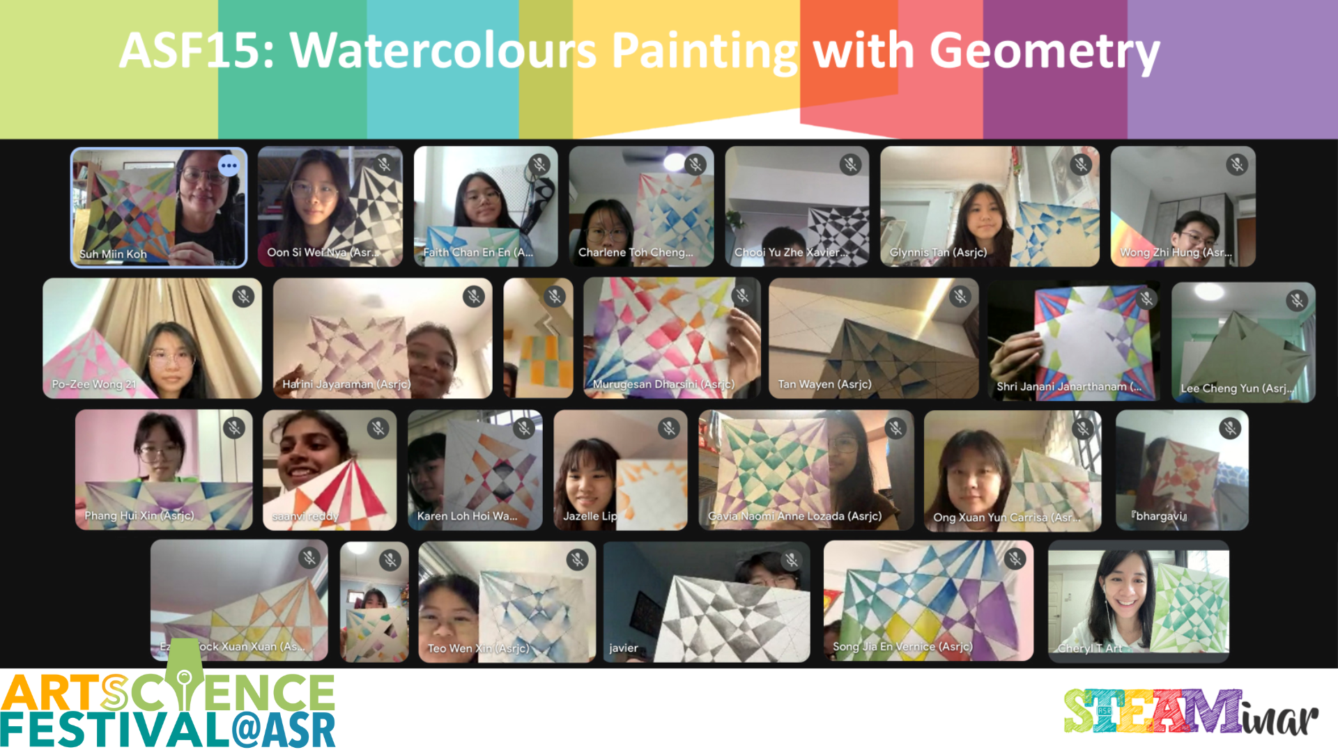 Online video call with students holding geometric watercolour paintings, titled ASF15 Watercolours Painting with Geometry.