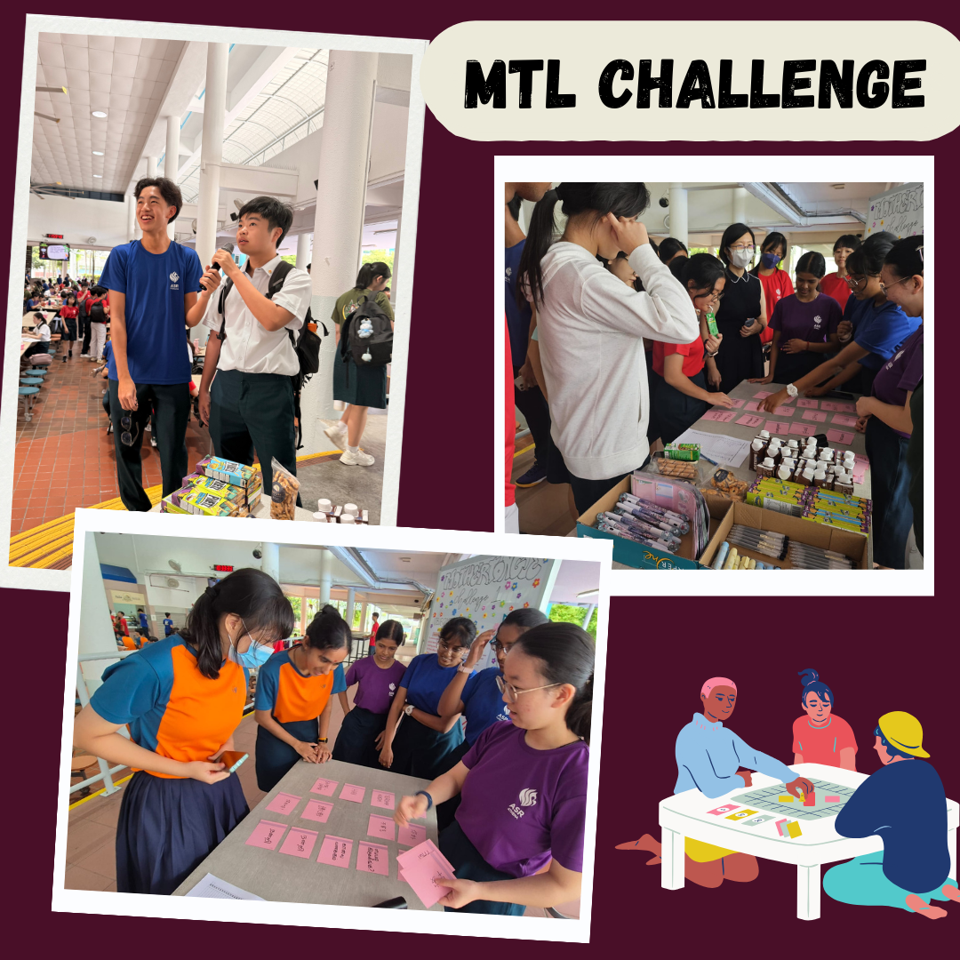 Students participate in the MTL Challenge event, sorting cards at tables and gathering around prize displays indoors.