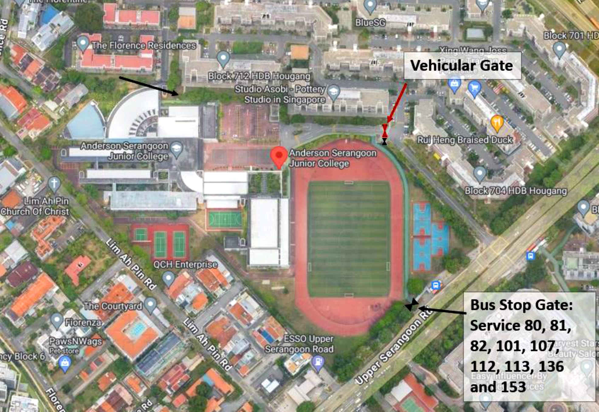 Aerial map of Anderson Serangoon Junior College showing a vehicular gate and a bus stop gate with bus service numbers.