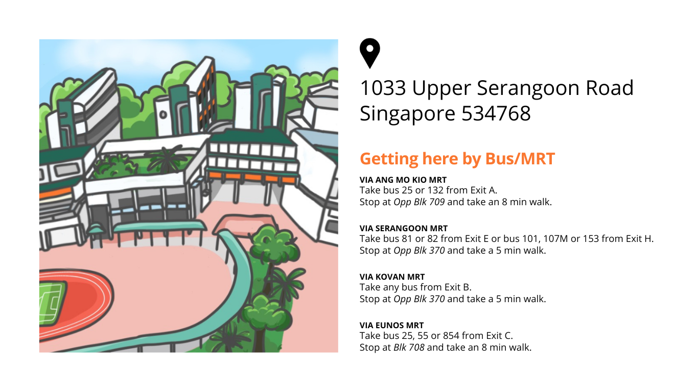 Illustrated aerial view of a school campus beside bus and MRT directions to 1033 Upper Serangoon Road, Singapore.