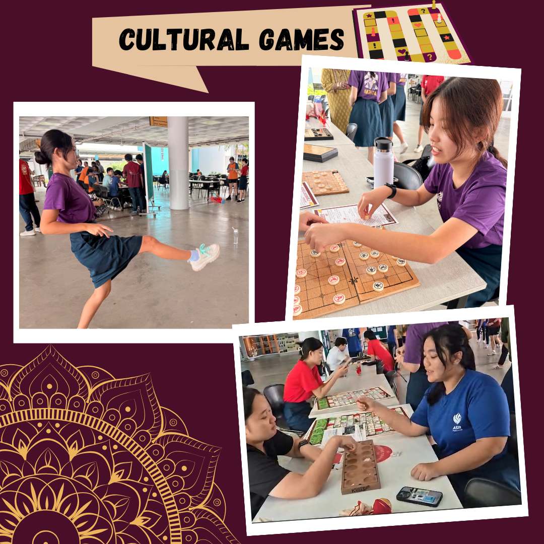 Students participate in cultural games including Chinese chess, a board game, and a kicking activity at an indoor event.
