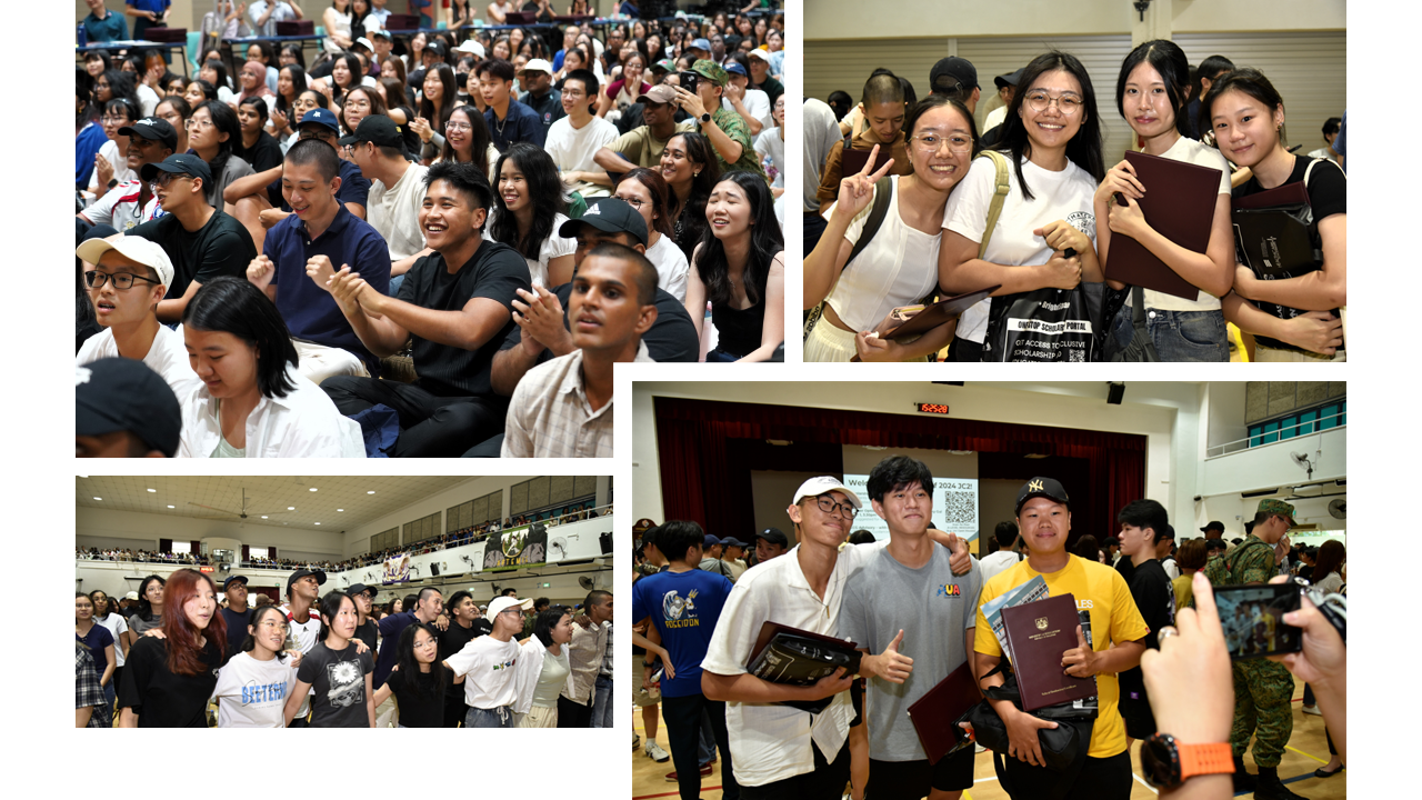 Four photos of young people smiling and posing together at a large indoor student gathering or ceremony.