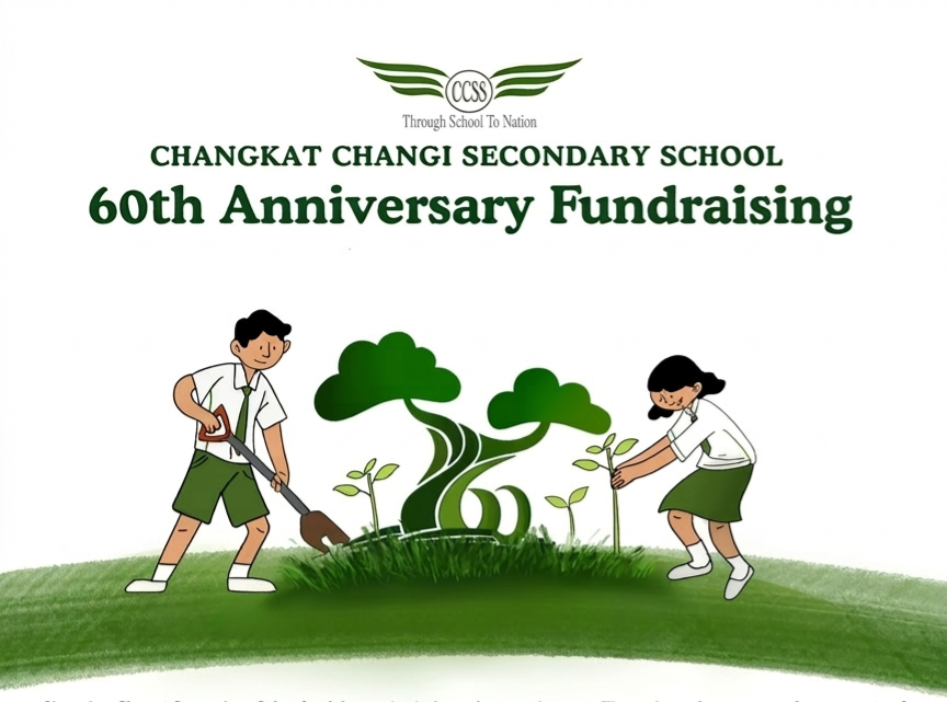 Changkat Changi Secondary School 60th Anniversary Fundraising poster with two students planting trees.