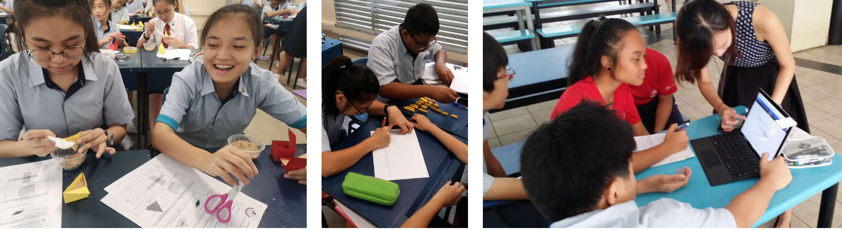 Three classroom scenes showing students doing hands-on activities with crafts, writing, and a laptop with a teacher guiding them.