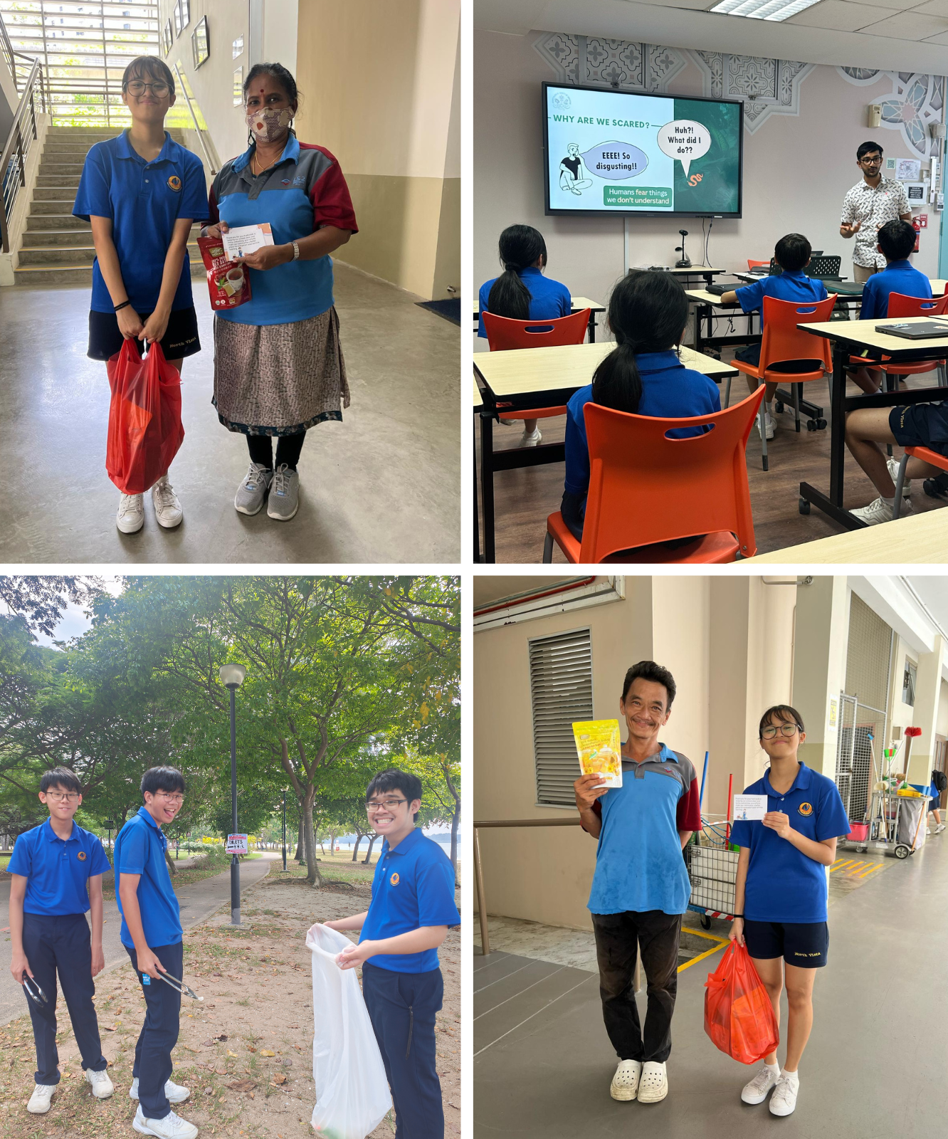 Students doing community activities: gifting snacks, attending a sharing session, and picking up litter at the beach..