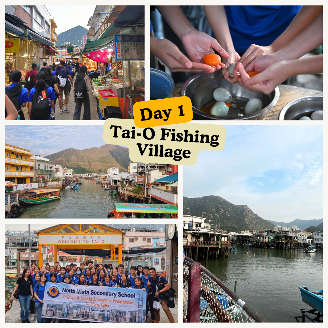Collage of students visiting Tai-O Fishing Village in Hong Kong, showing stilt houses, a canal, a market, and a group photo.