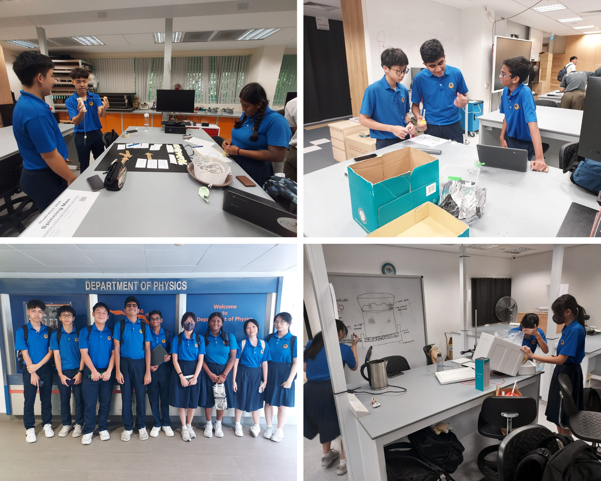 NV students visit a Department of Physics, working on hands-on experiments and posing for a group photo.