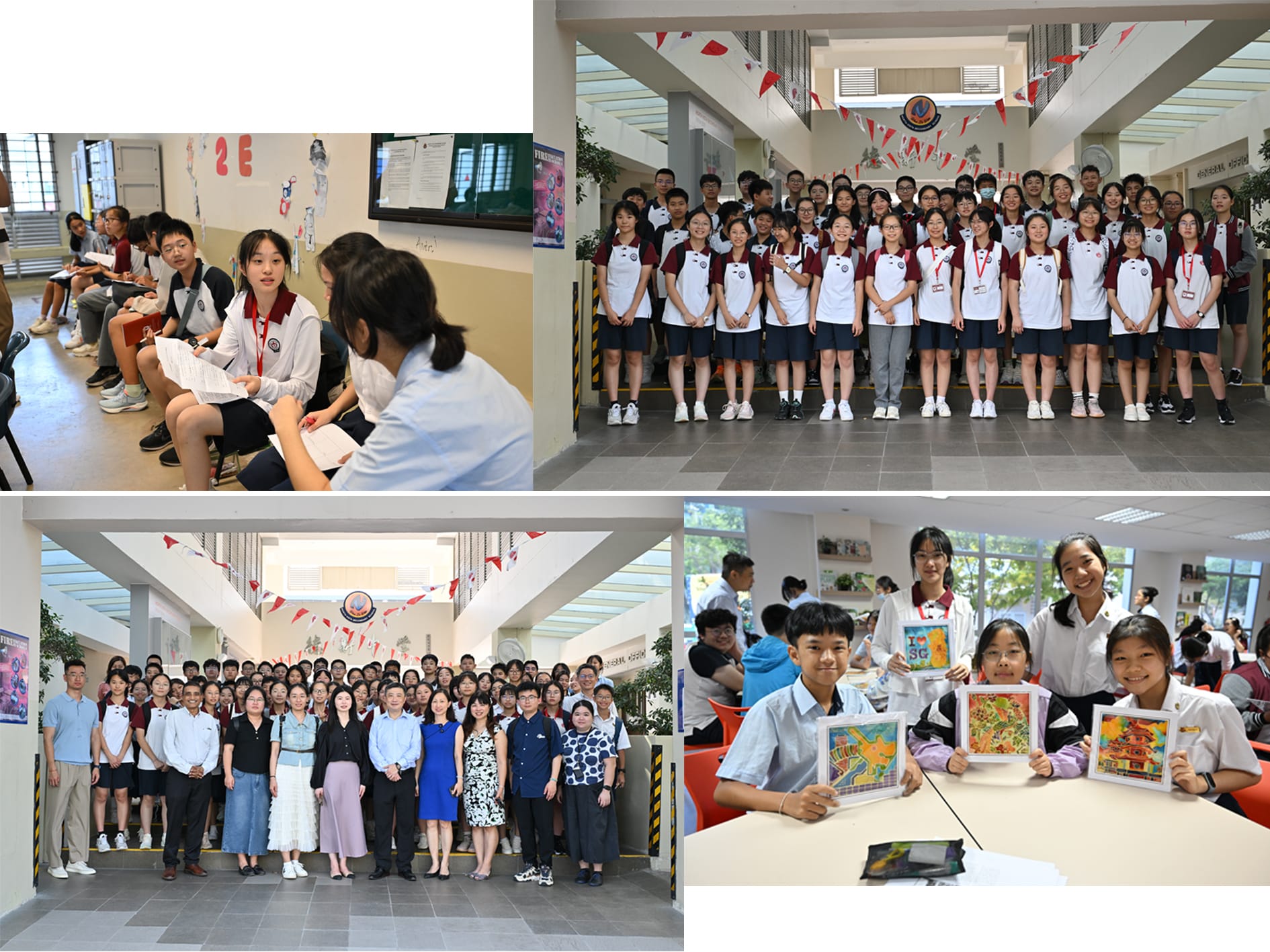 Four school scenes: students in discussion, two group photos in a decorated hall, and students holding colorful artwork.