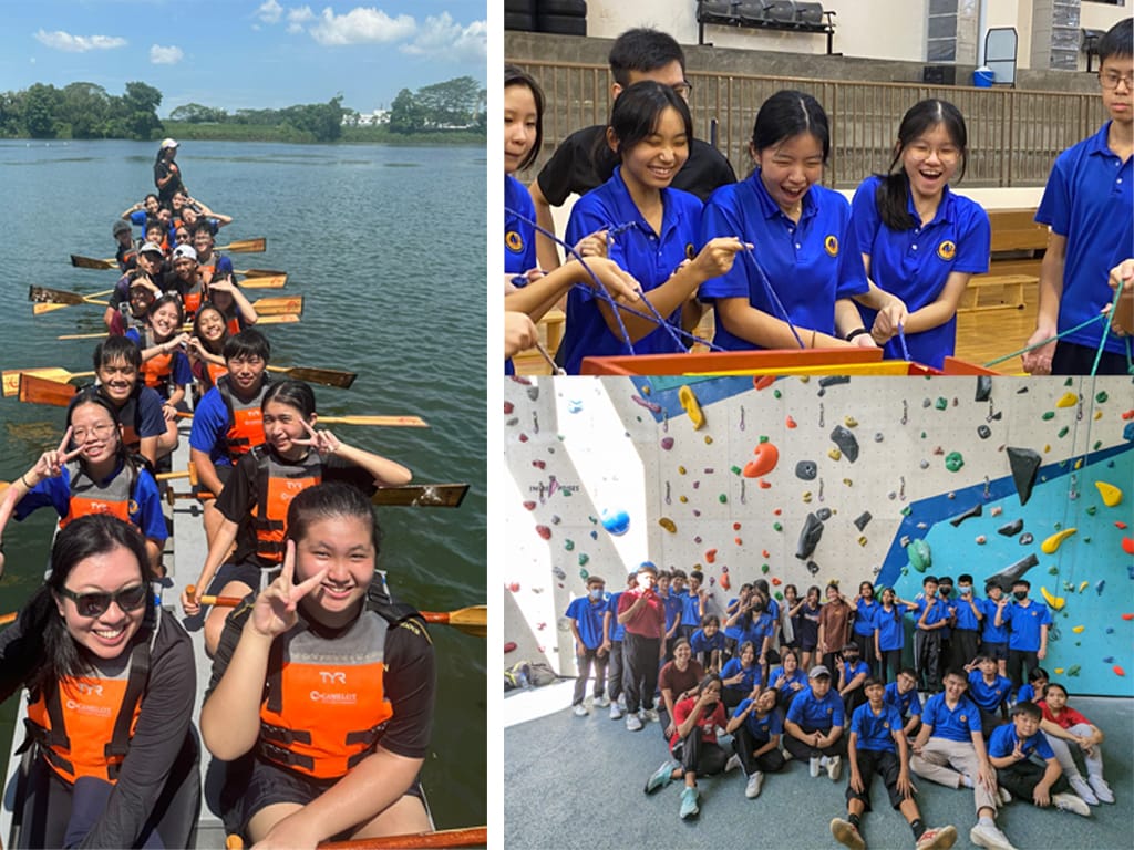 NV students doing dragon boating, a rope activity, and posing at an indoor climbing wall.