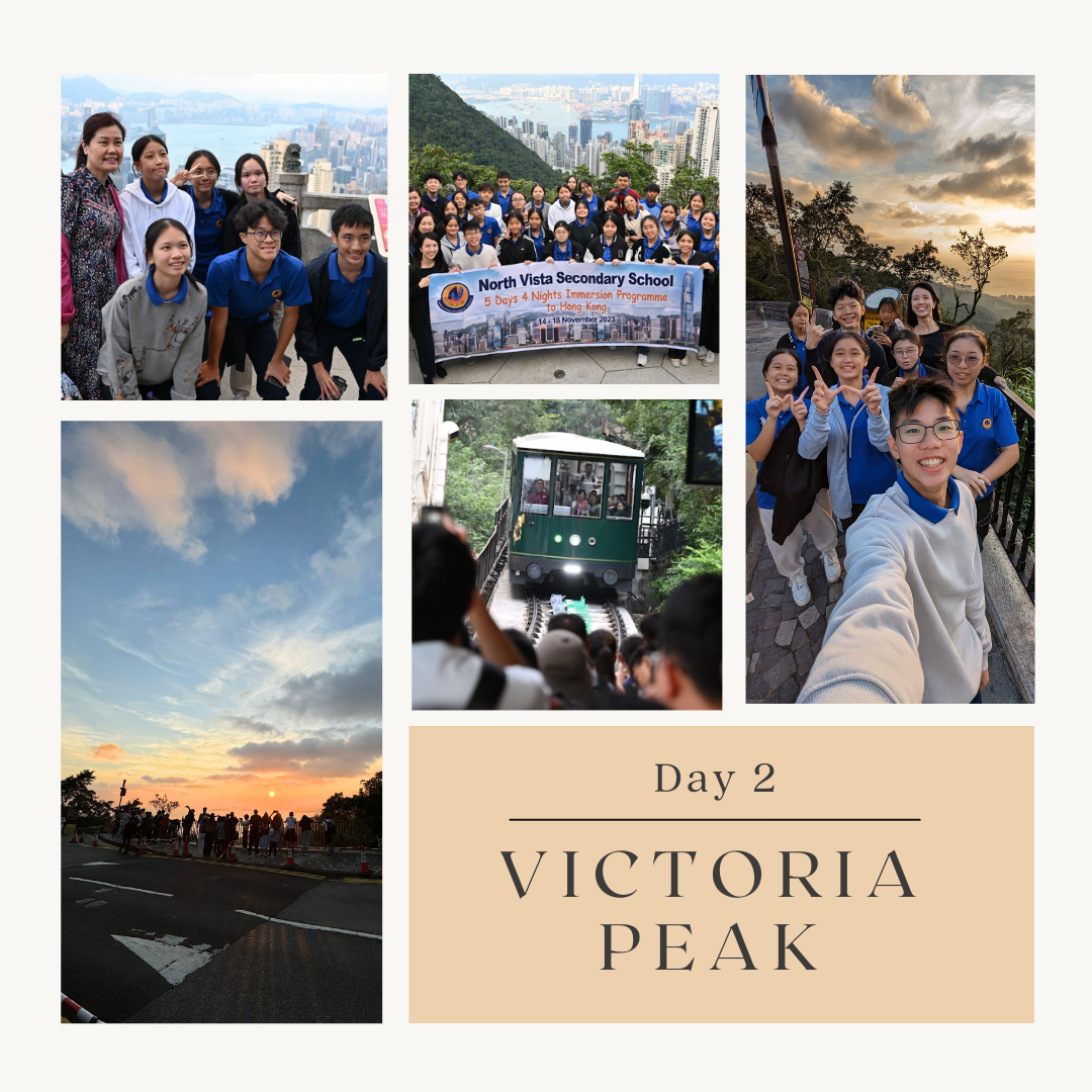 Collage of North Vista Secondary School students at Victoria Peak, Hong Kong, showing group photos, a tram, and a sunset view.