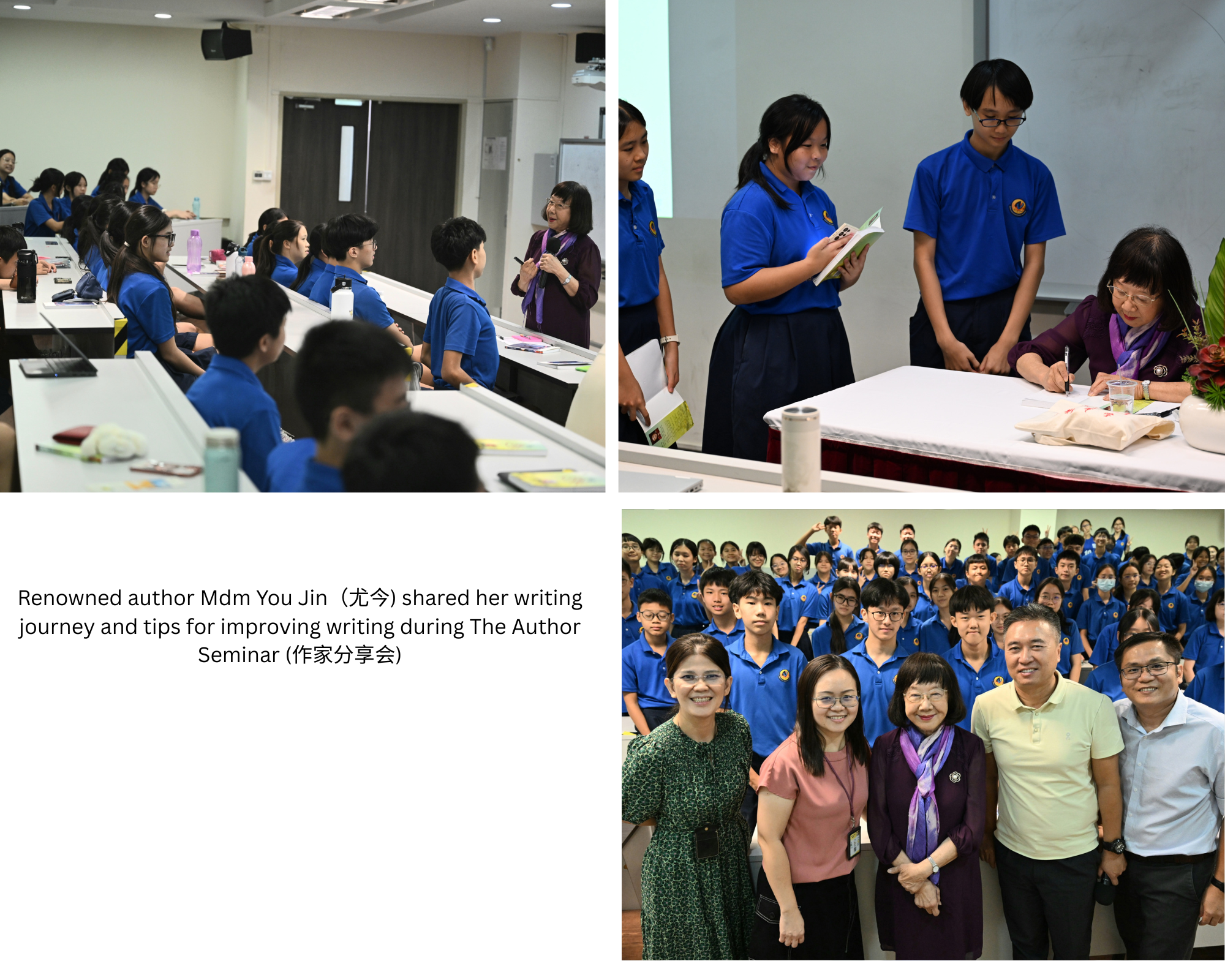 Three photos of author Mdm You Jin speaking to students, signing books, and posing for a group photo.