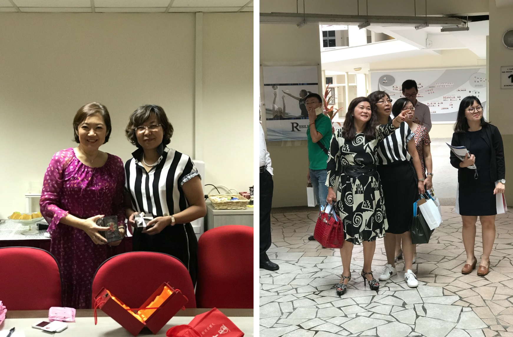 Two women pose holding a small gift box indoors; right photo shows a group of people walking in a tiled lobby.