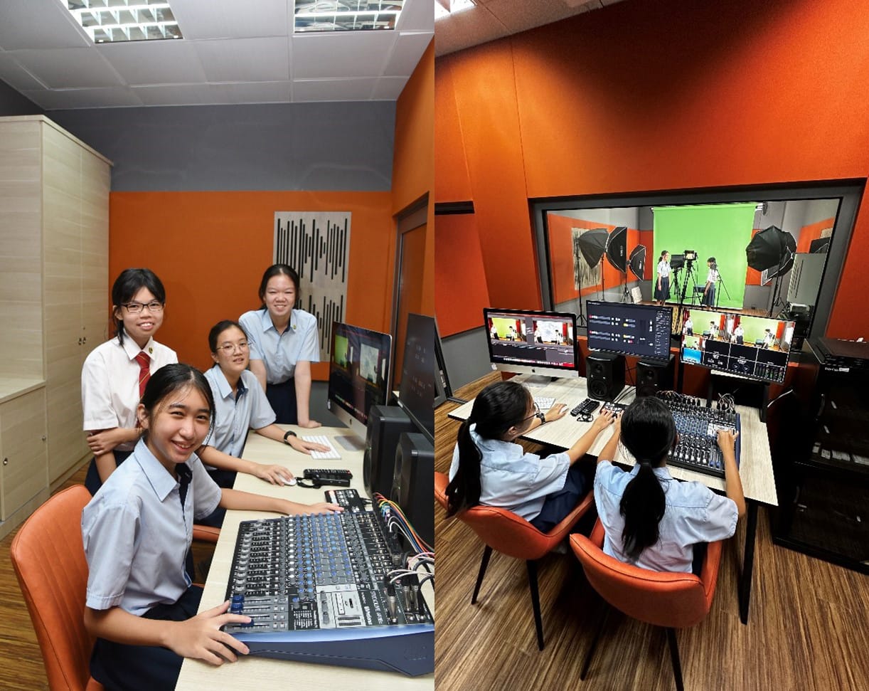 Students in school uniforms work at audio mixing consoles and monitors in a broadcast studio with green screen.