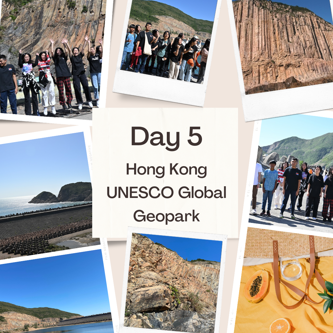 Collage of Day 5 at Hong Kong UNESCO Global Geopark showing rock formations, coastline, and group photos of visitors.