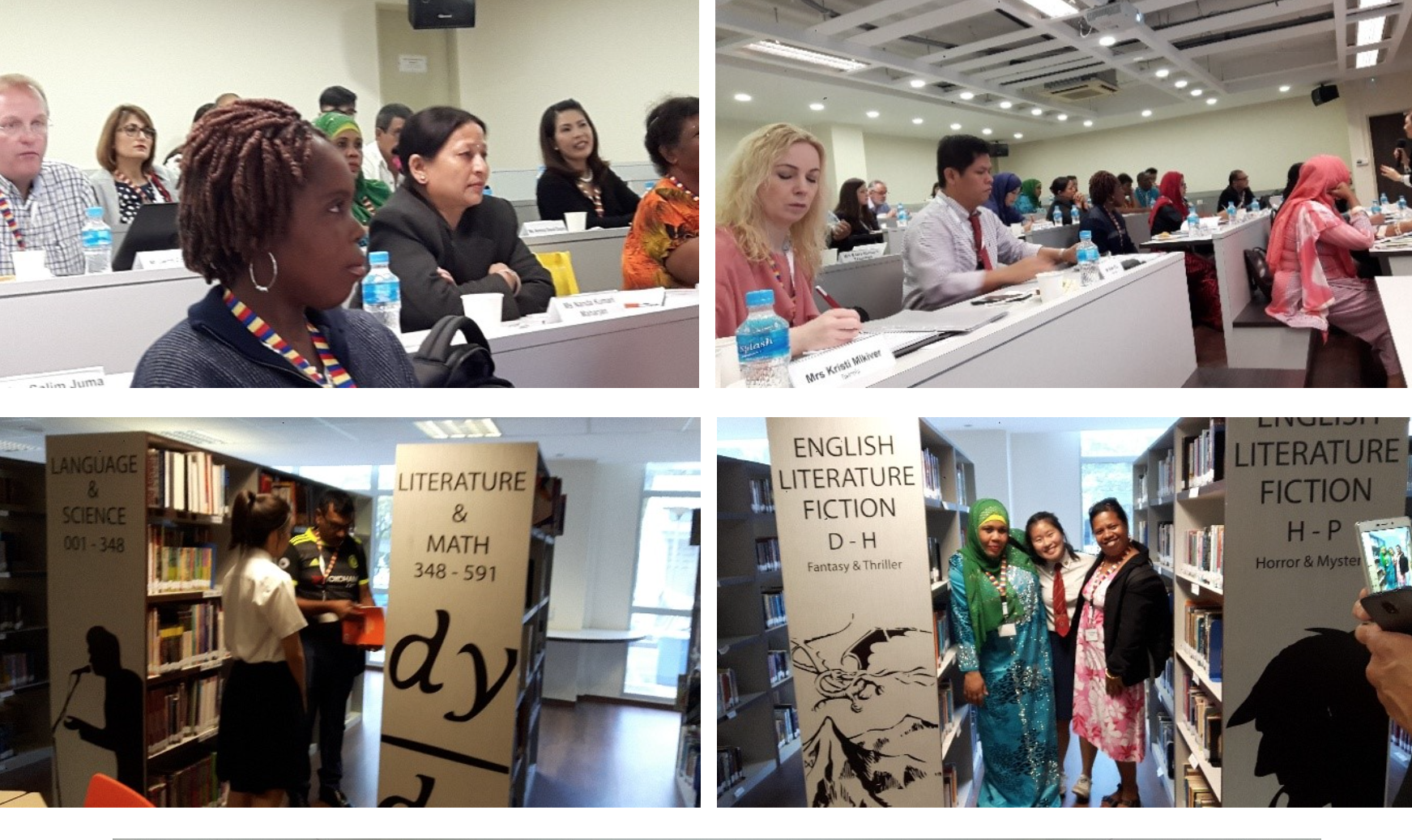Four photos showing people at a conference meeting and visiting a library with labeled book sections.